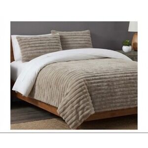 FRYE 3 Piece Queen Comforter Set Beige Faux Fur Channel Bedding soft warm cozy